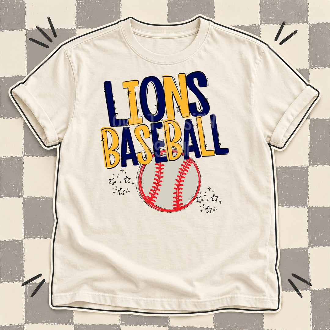 Lions Navy Yellow Gold Team Go Baseball Mascots DTF transfer mockup