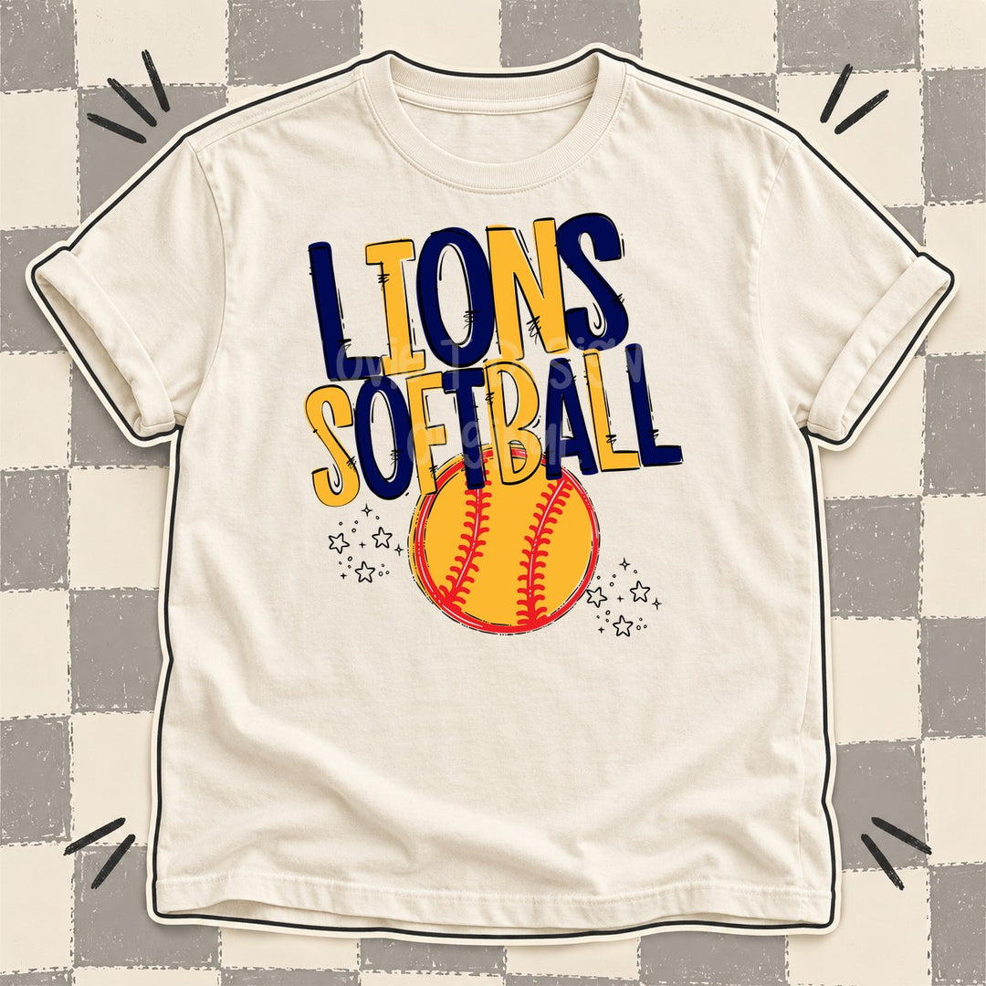 Lions Navy Yellow Gold Team Go Softball Mascots DTF transfer mockup