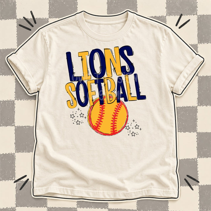 Lions Navy Yellow Gold Team Go Softball Mascots DTF transfer mockup