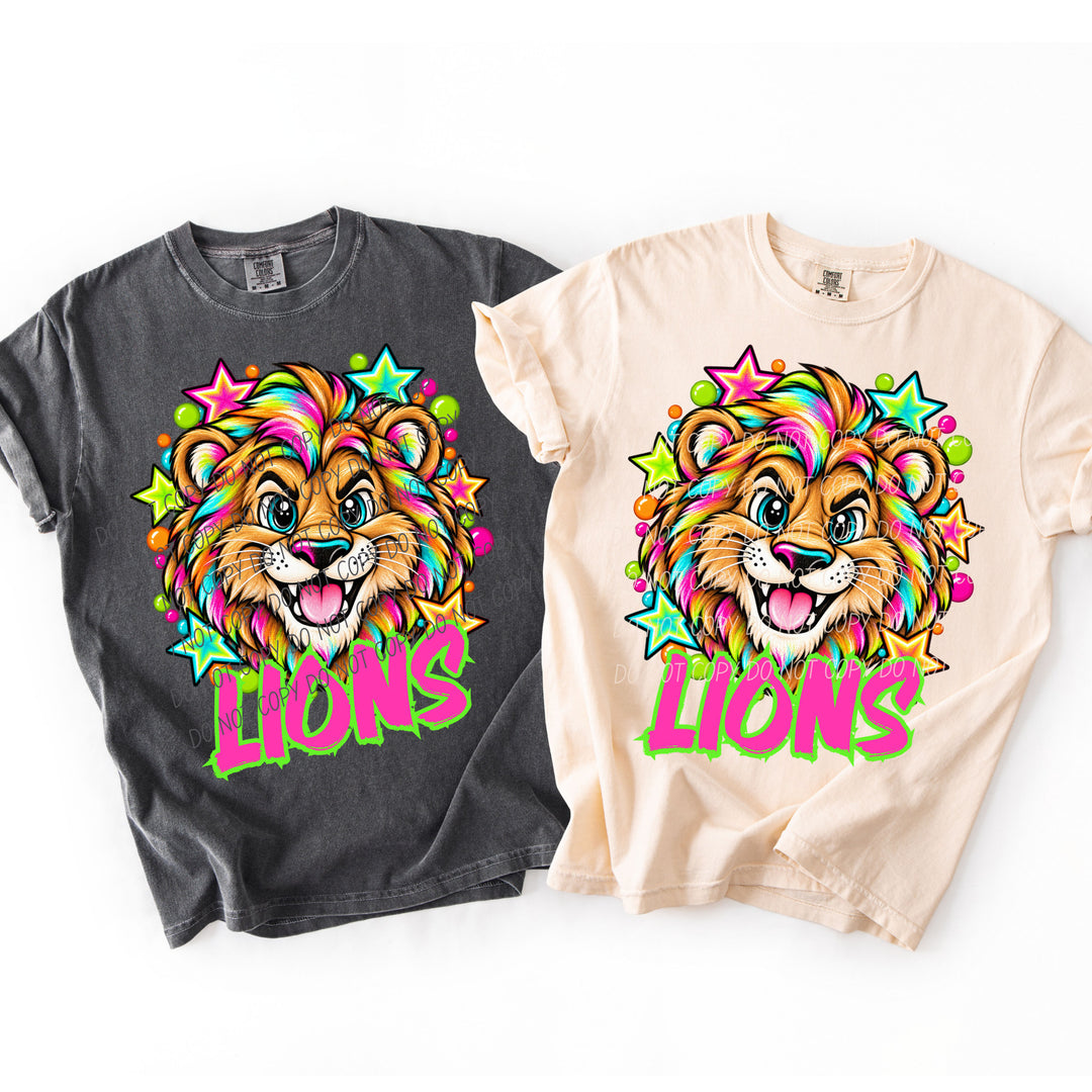 Lions Neon Starstruck mascot DTF transfer