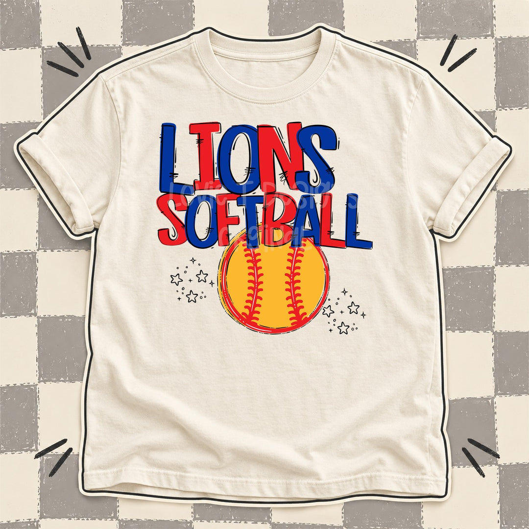 Lions Royal Blue Red Team Go Softball Mascots DTF transfer mockup