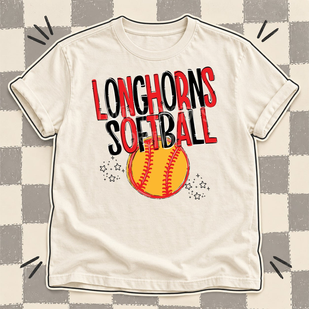 Longhorns Red Black Team Go Softball Mascots DTF transfer mockup