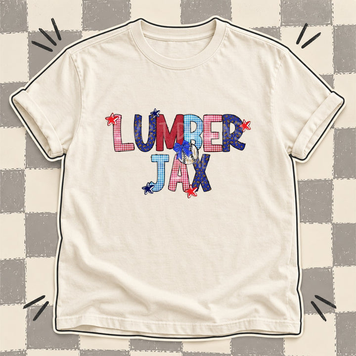 Lumberjax Mixed Doodle Baseball Mascots – Red and Royal DTF transfer mockup