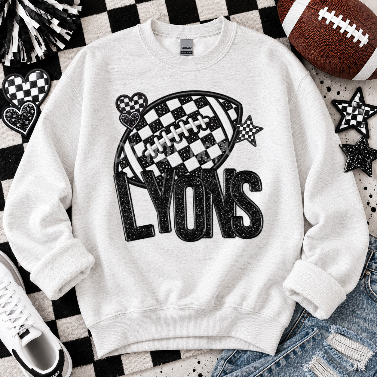Checkered Football Faux Embroidery Mascots LYONS design