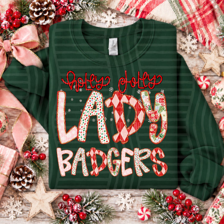 Lady Badgers Holly Jolly Confetti Mascots DTF transfer