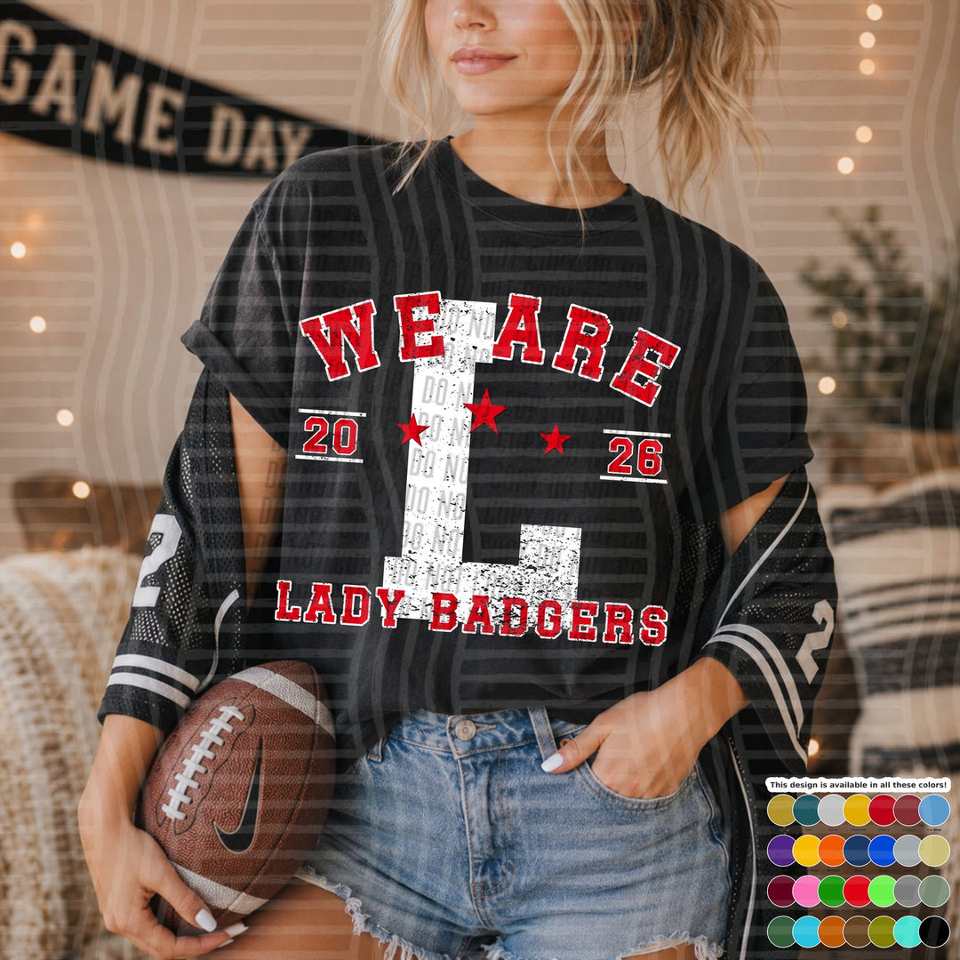 Lady Badgers Varsity Initials White Outline Mascots DTF transfer
