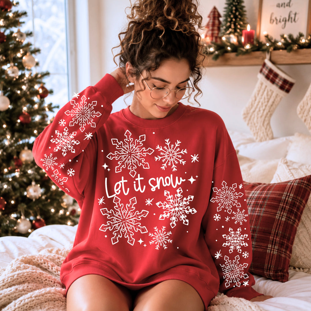 Let It Snow (White) front and sleeve DTF transfers – mockup