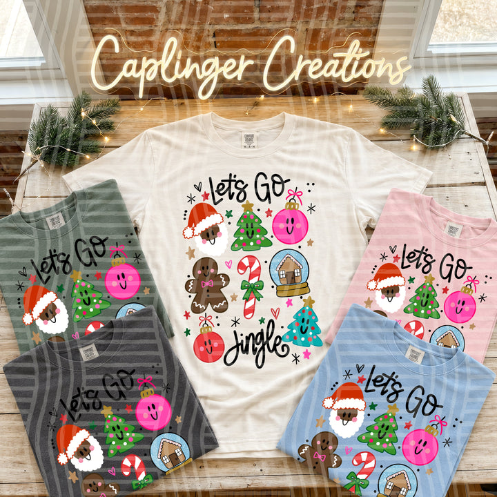 Let's Go Jingle Dark DTF transfer pressed on a tee
