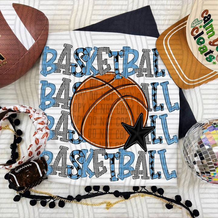 Light Blue Quad Stacked Basketball DTF transfer on a white tee