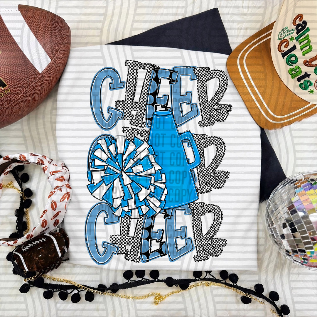 Light Blue Tri Stacked Cheer DTF transfer on a white tee