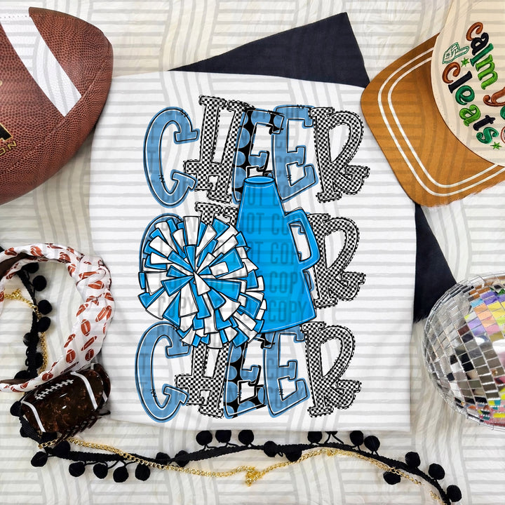 Light Blue Tri Stacked Cheer DTF transfer on a white tee