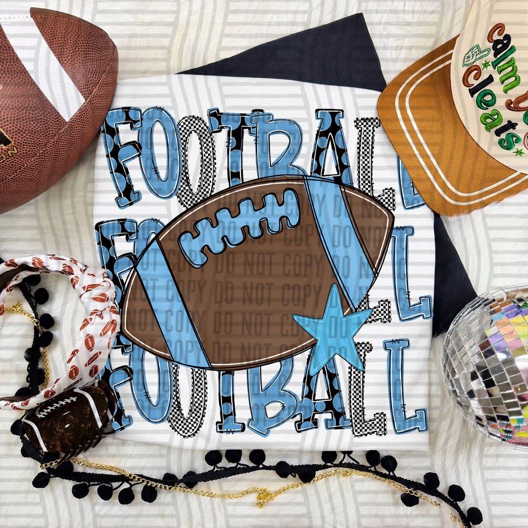 Light Blue Tri Stacked Football DTF transfer on a white tee