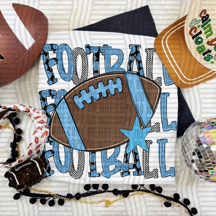 Light Blue Tri Stacked Football DTF transfer on a white tee