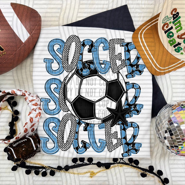 Light Blue Tri Stacked Soccer DTF transfer on a white tee