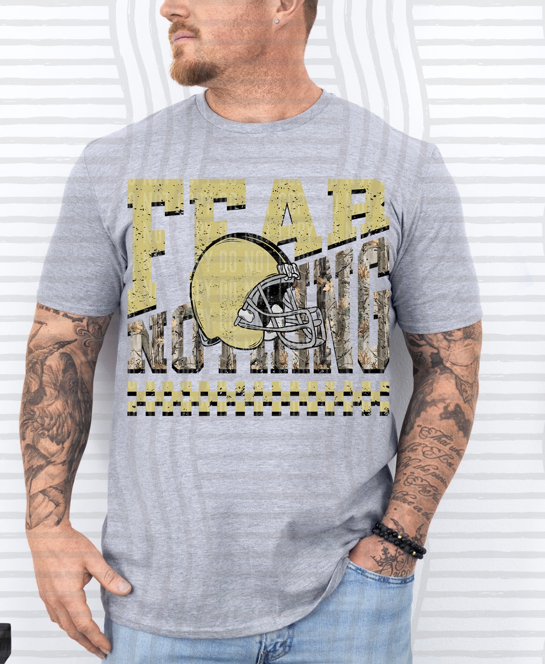 Light Gold Fear Nothing Helmet DTF transfer pressed on a tee