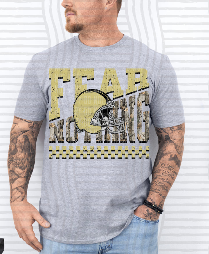 Light Gold Fear Nothing Helmet DTF transfer pressed on a tee