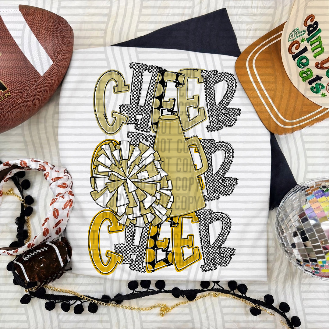 Light Gold Tri Stacked Cheer DTF transfer on a white tee