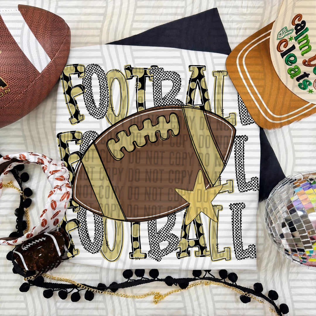 Light Gold Tri Stacked Football DTF transfer on a white tee
