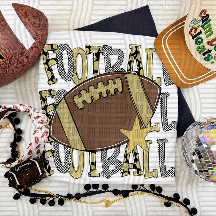 Light Gold Tri Stacked Football DTF transfer on a white tee