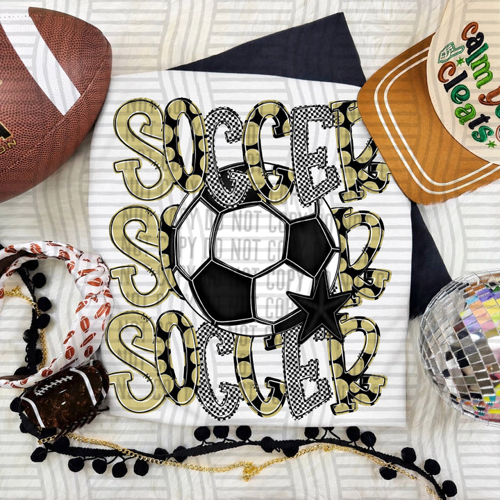 Light Gold Tri Stacked Soccer DTF transfer on a white tee