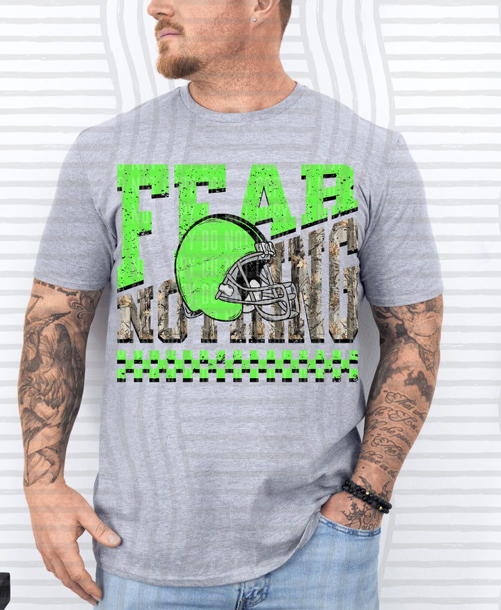 Lime Fear Nothing Helmet DTF transfer pressed on a tee
