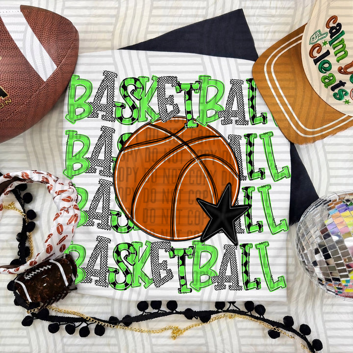 Lime Quad Stacked Basketball DTF transfer on a white tee