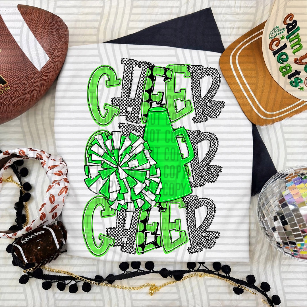 Lime Tri Stacked Cheer DTF transfer on a white tee