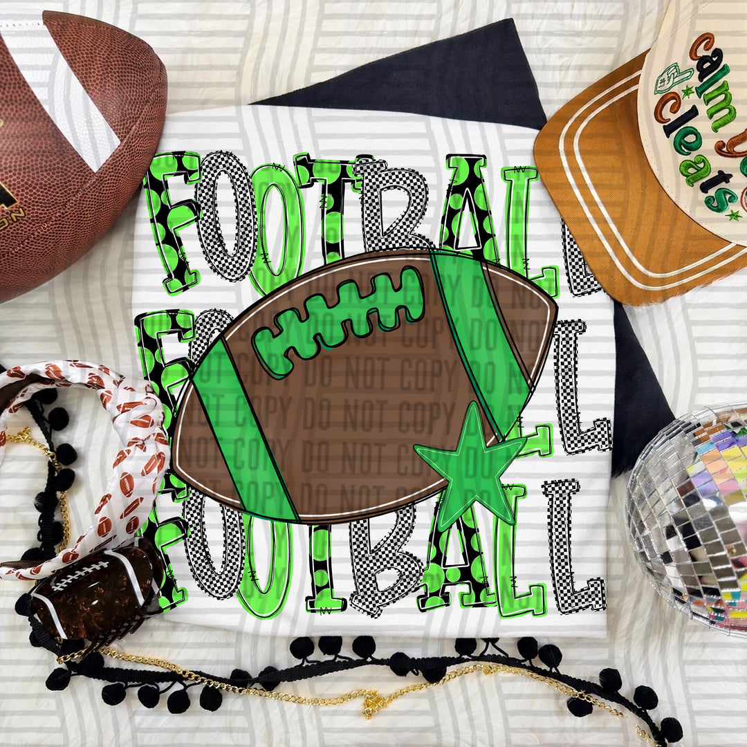 Lime Tri Stacked Football DTF transfer on a white tee