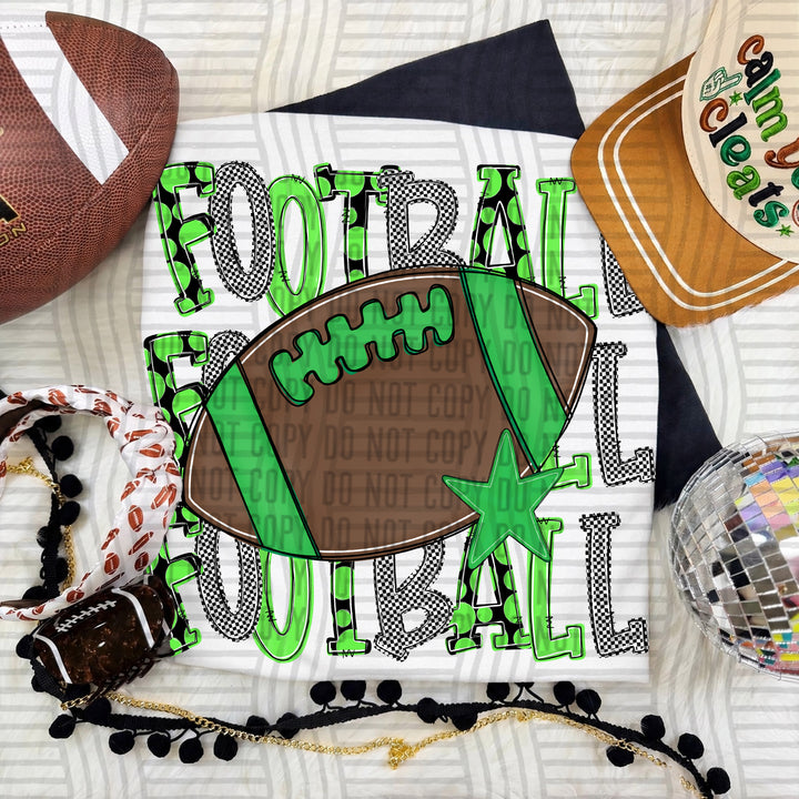 Lime Tri Stacked Football DTF transfer on a white tee