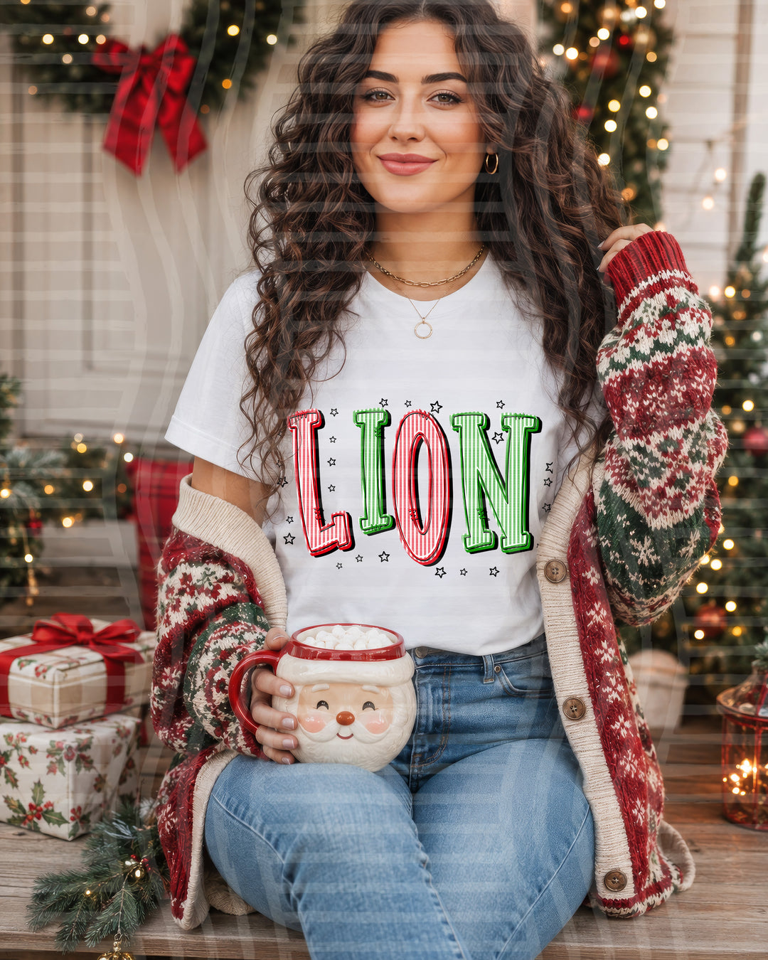 Lion Red and Green Christmas Seersucker Mascots DTF transfer