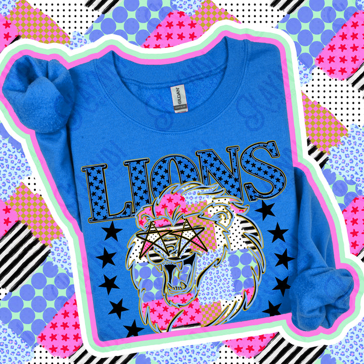 Lions 3 Patchwork Varsity Stars mascot DTF transfer