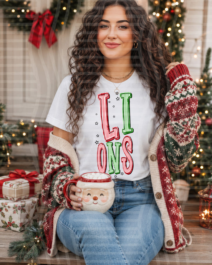 Lions Red and Green Christmas Seersucker Mascots DTF transfer
