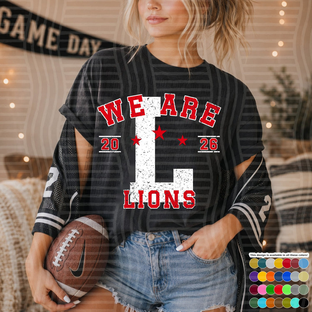 Lions Red Varsity Initials White Outline DTF transfer mockup