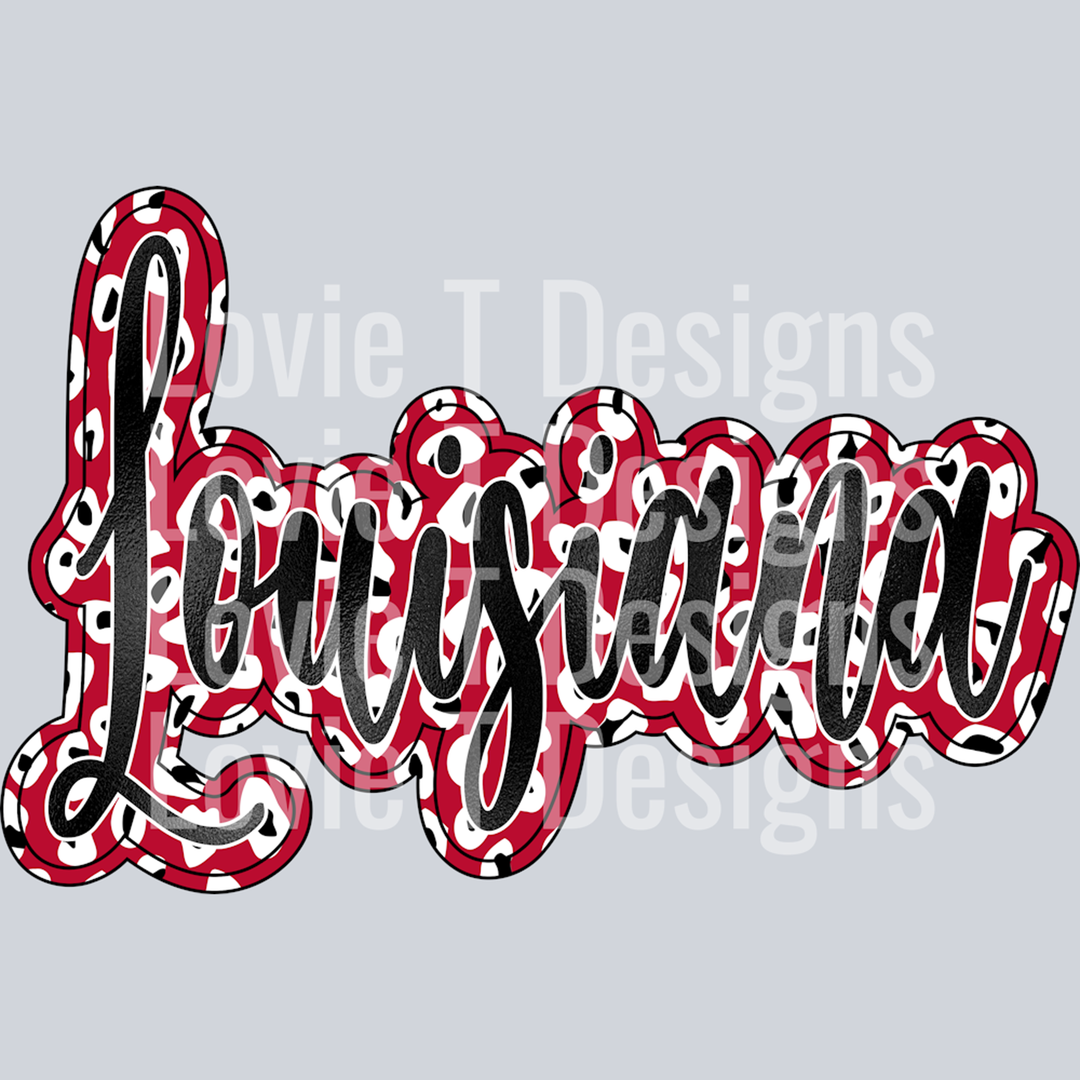 Louisiana Red Script Leopard Black Foil(1) – DTF Transfer