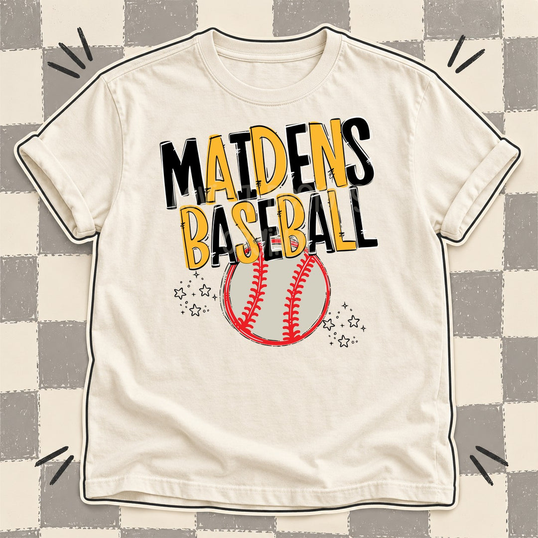 Maidens Black Yellow Gold Team Go Baseball Mascots DTF transfer mockup