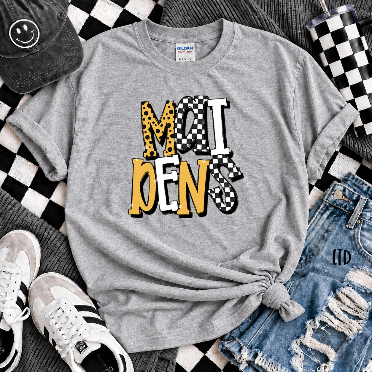 Dot Dot Check Mix Mascots Maidens Black Yellow Gold White design
