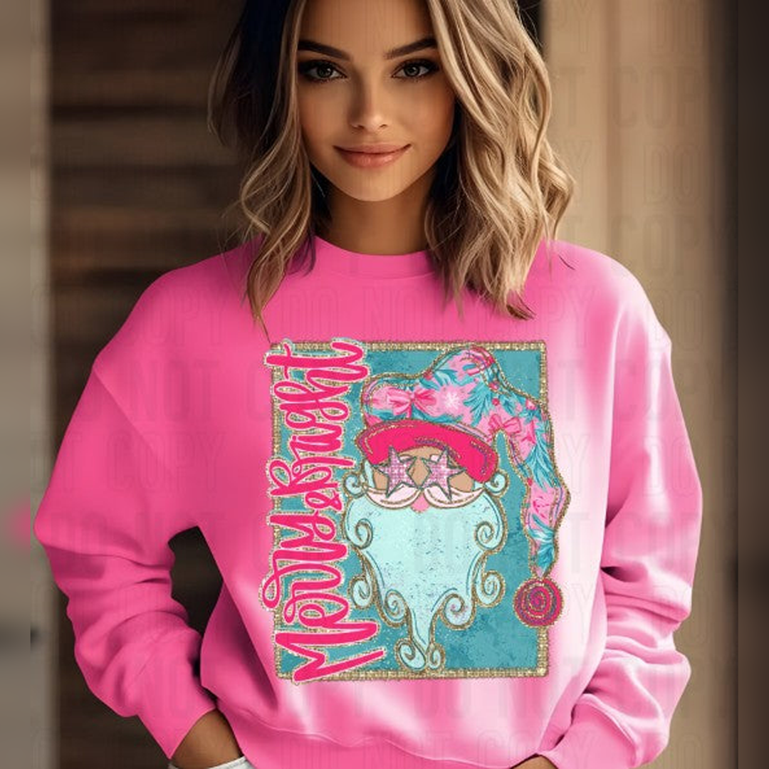 Merry and Bright Pink Santa – DTF Transfer