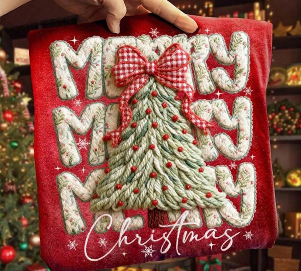 Merry Christmas Tree Faux Puff DTF transfer design – image 1