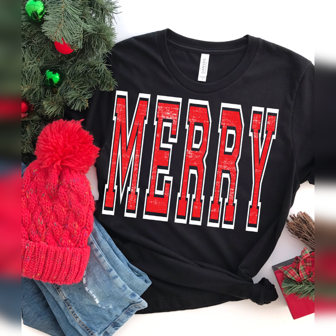 Merry Oversized Red and White Outline – DTF Transfer
