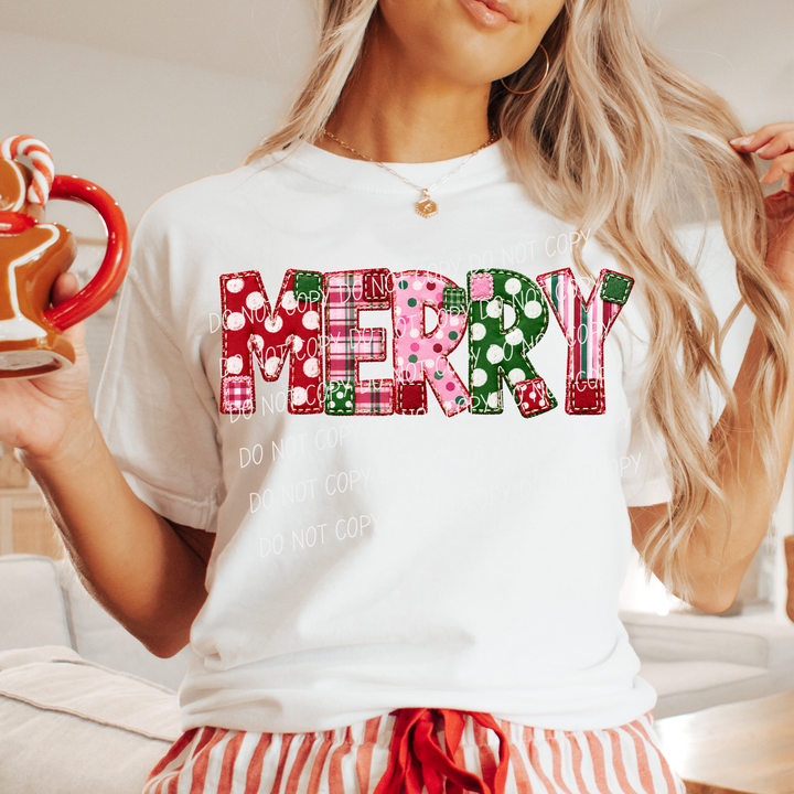Merry Pink and Red Christmas DTF transfer shown on apparel