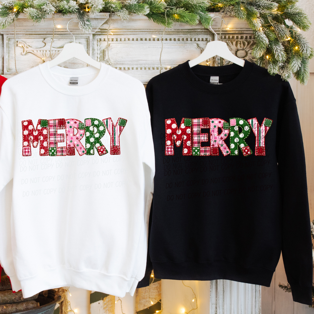 Merry Pink and Red Christmas DTF transfer shown on apparel
