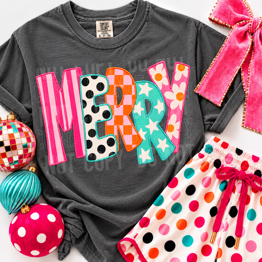 MERRY DTF transfer mockup with pink striped, polka dot, checkered, star and daisy patchwork letters