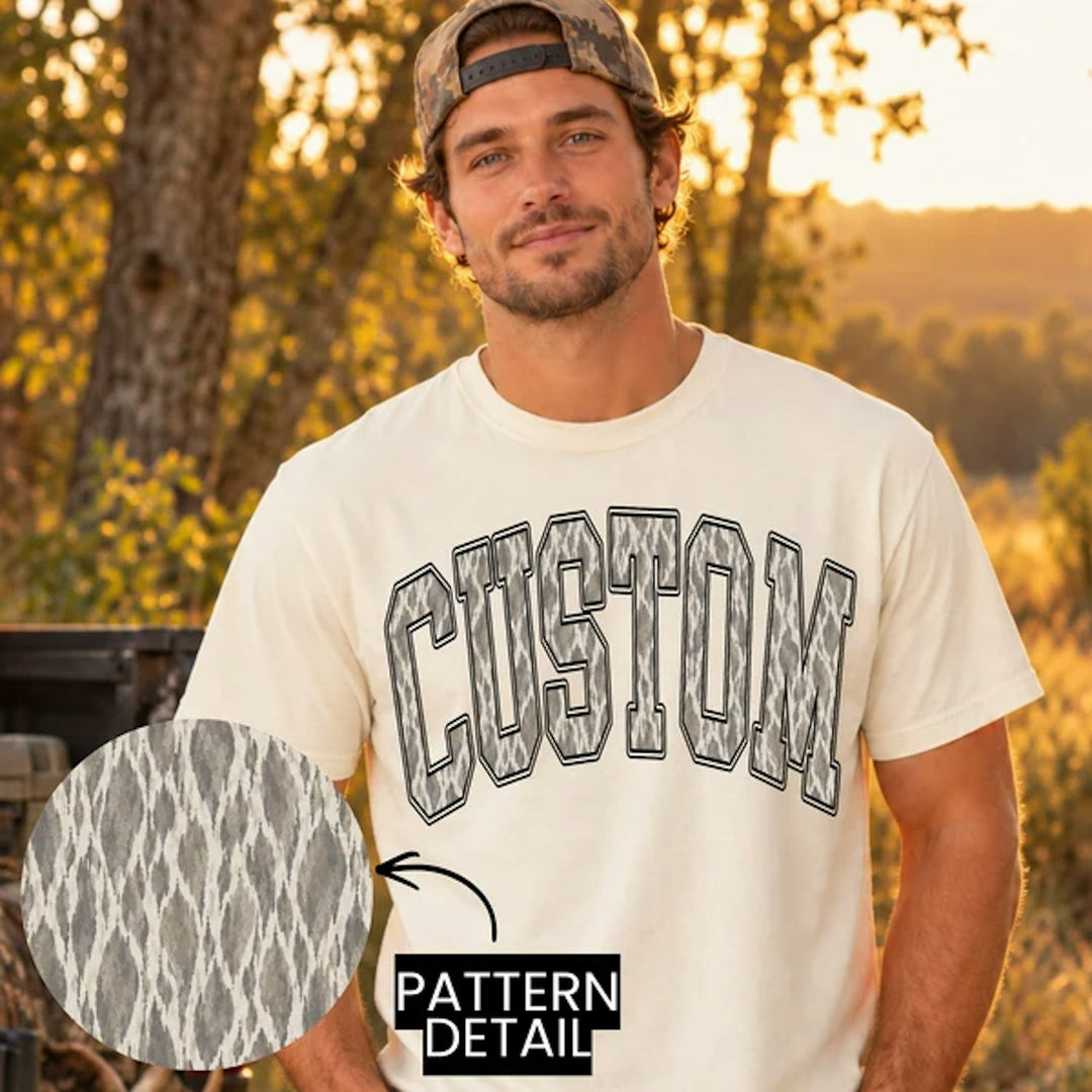 Vintage Driftwood Camo Varsity Arch customizable DTF transfer mockup