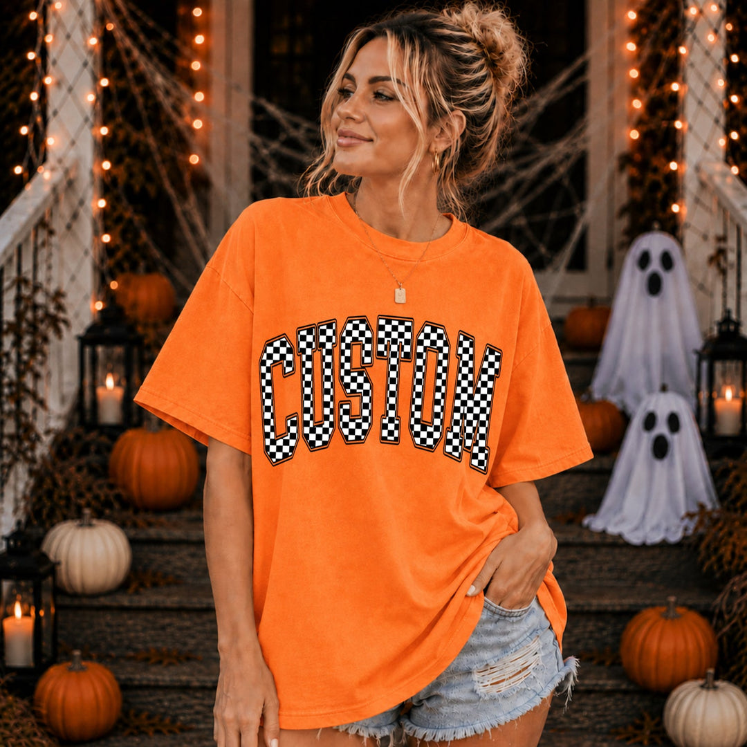 Checkered Varsity Arch customizable DTF transfer mockup