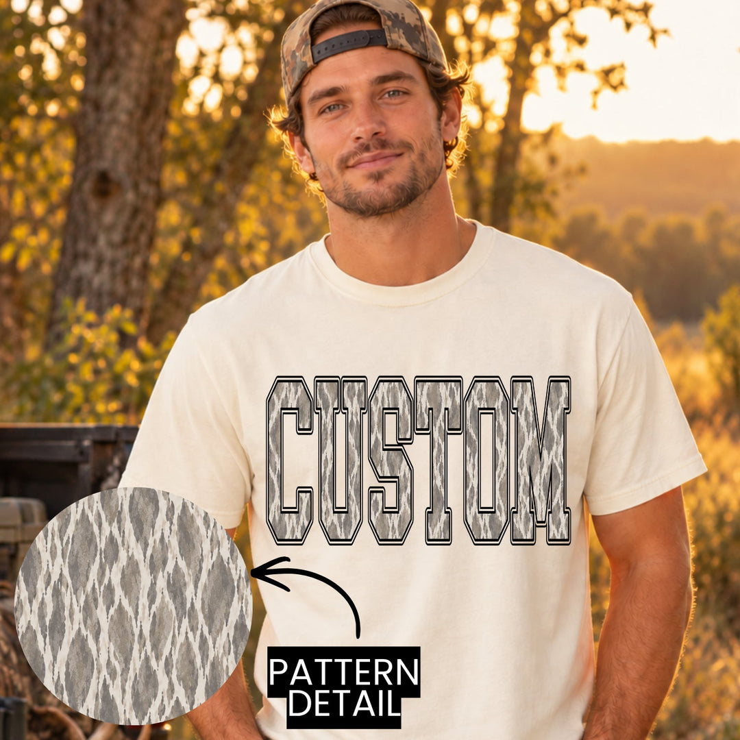 Vintage Driftwood Camo Varsity Straight customizable DTF transfer mockup