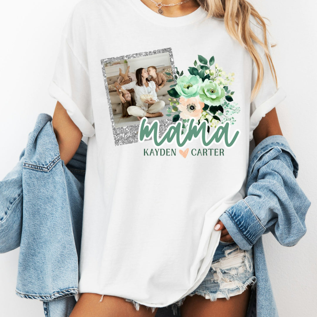 Floral Faux Glitter Greens Mama Photo customizable DTF transfer mockup