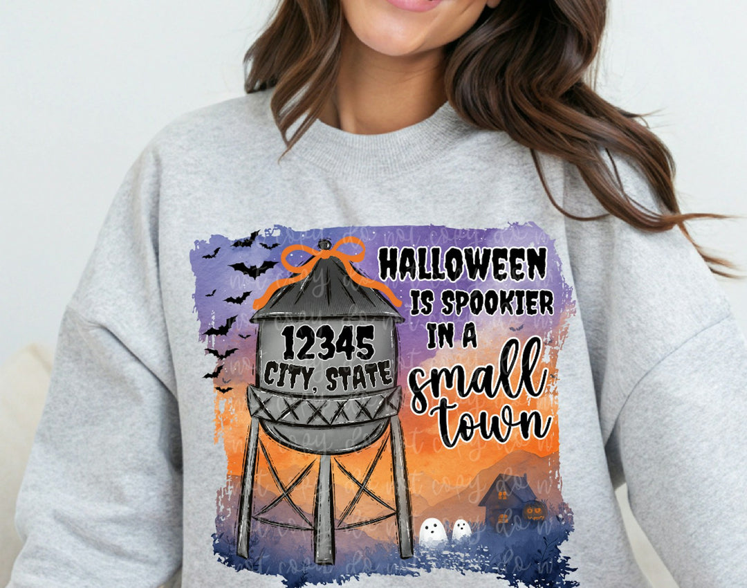 Halloween is Spookier in a Small Town Water Tower customizable DTF transfer mockup