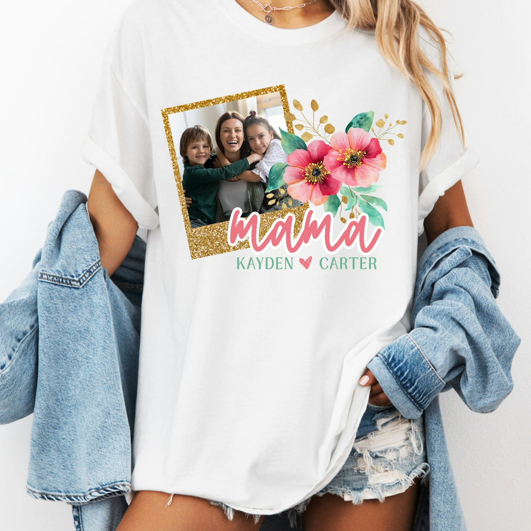 Floral Faux Glitter Pink Mama Photo customizable DTF transfer mockup