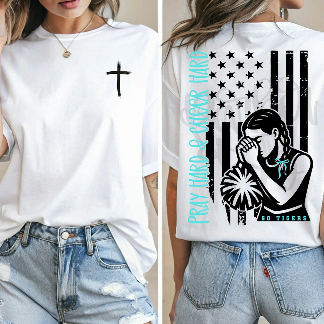 Pray Hard and Play Hard Cheer customizable DTF transfer mockup