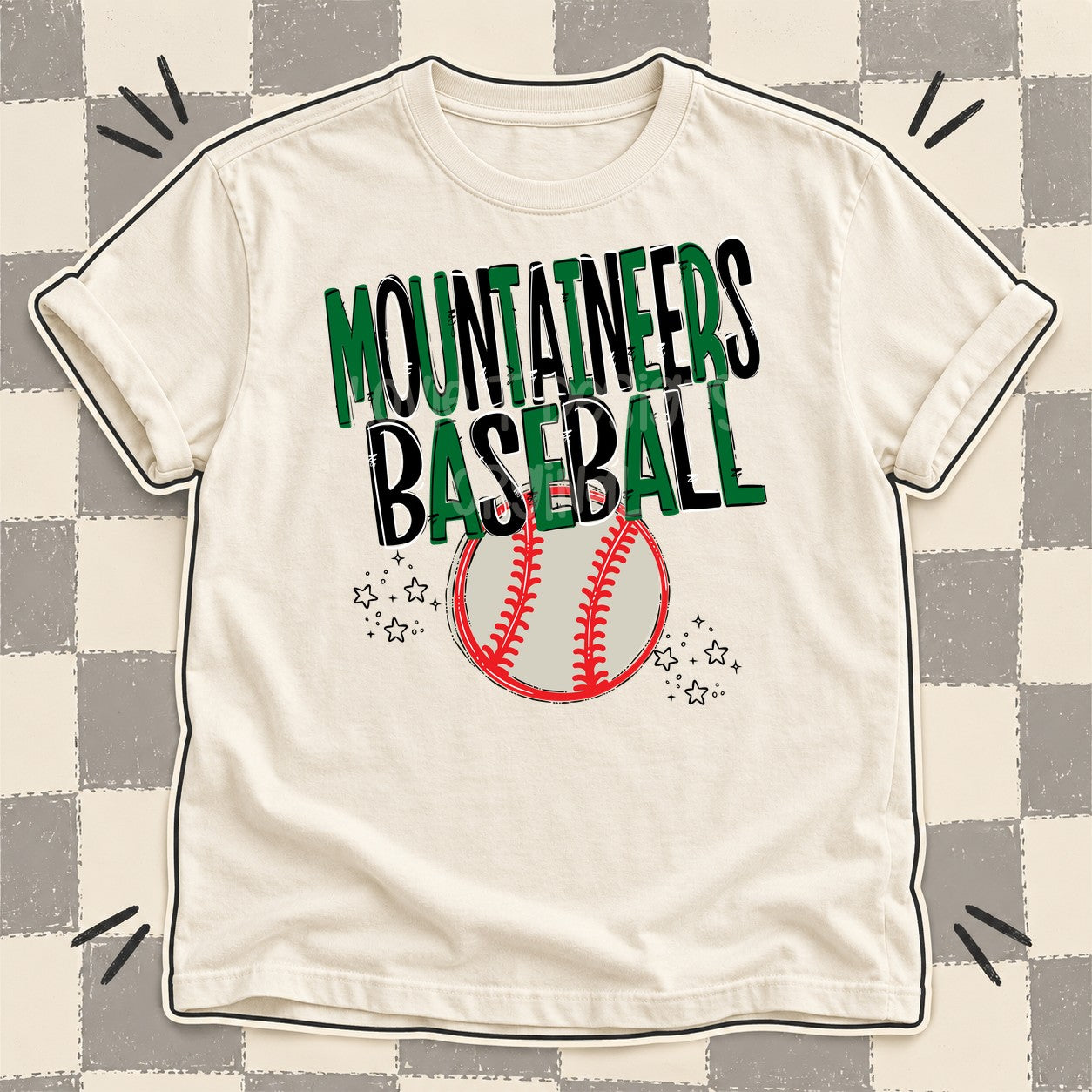Team Go Baseball Mascots Mountaineers Kelly Green Black design